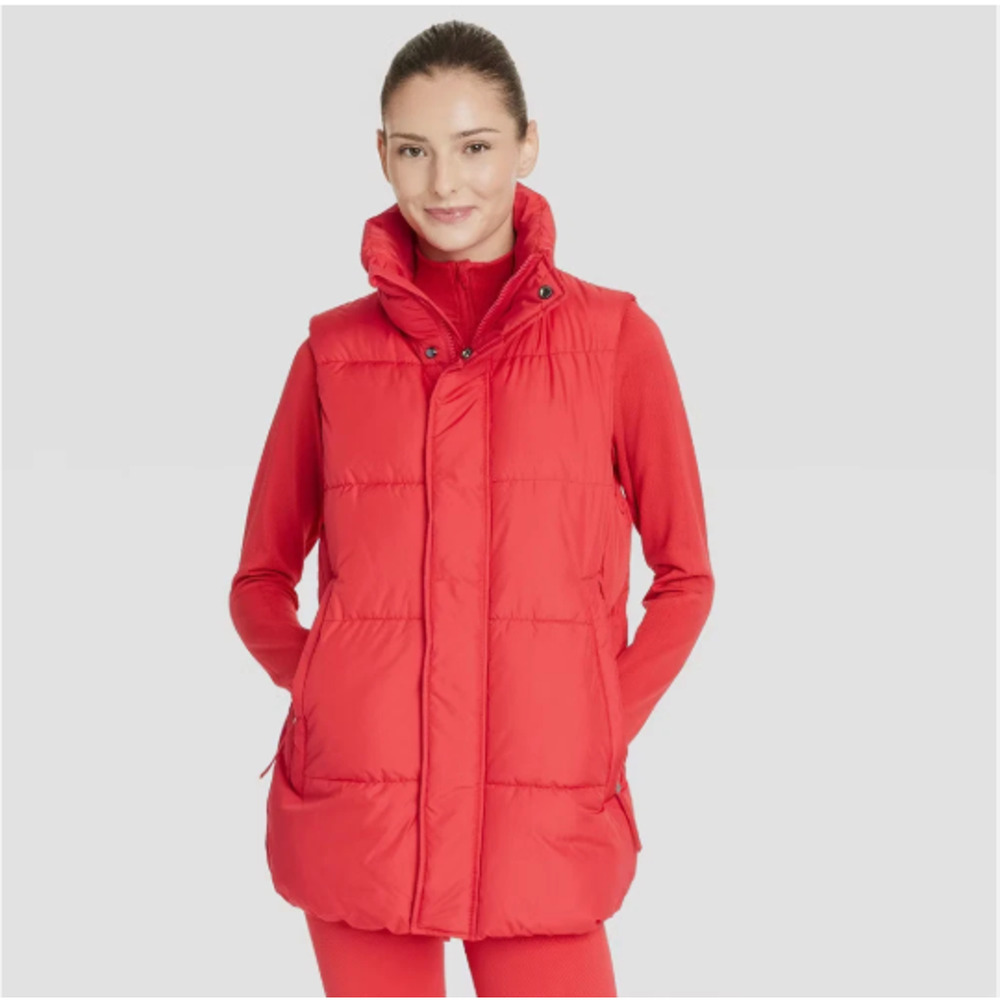 Long Puffer Vest High Neck Sz Small Red NWOT- All In Motion